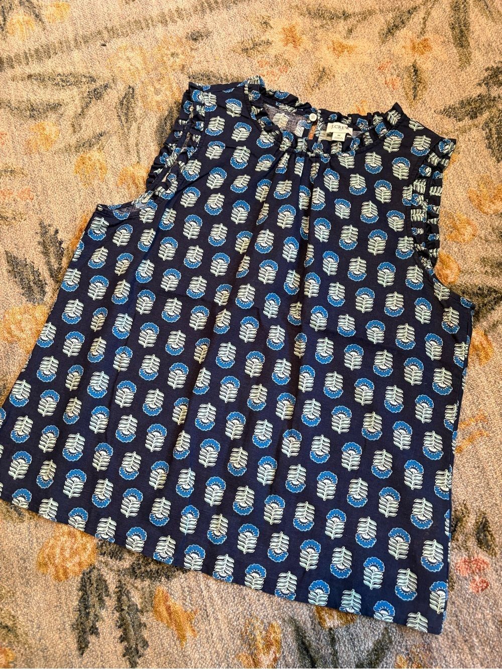 J. Crew Factory Navy Printed Linen-blend Ruffle Neck Sleeveless Top - M